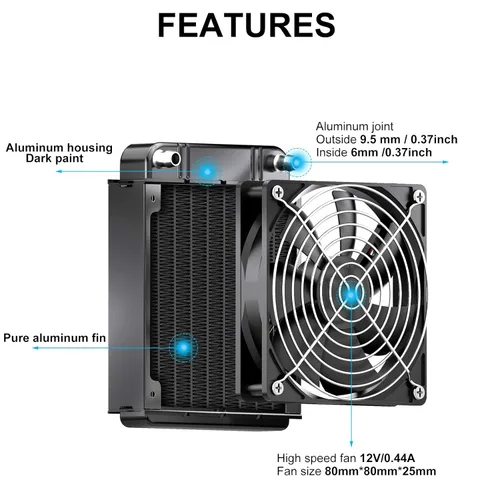 Miniatura 3 de Clyxgs Radiador de Refrigeración por Agua, Intercambiador de Calor de Aluminio de 8 Tubos con Ventilador para Sistema de Refrigeración por Agua