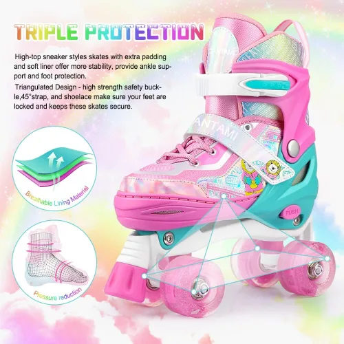 Miniatura 4 de Patines para niños y niñas, 4 tamaños, ajustables, con ruedas iluminadas para niños, adolescentes, principiantes y avanzados, interiores