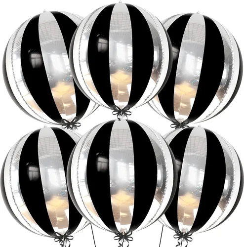Katchon, Globos grandes de color negro y plateado, 22 pulgadas, paquete de 6, globos a rayas para decoraciones de fiesta en negro y plateado,