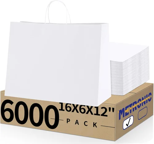 Metronic - Bolsas de regalo de papel kraft con asas de 16 x 6 x 12 pulgadas, paquete de 6000 | Para Navidad, recuerdos de fiesta de cumpleaños,