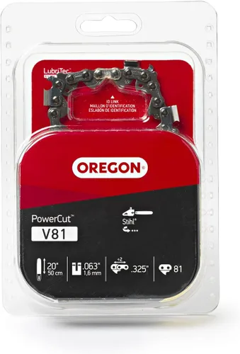 Oregon V81 PowerCut - Cadena de motosierra para barra de 20 pulgadas, 81 eslabones de transmisión, paso de .325 pulgadas, calibre .063 pulgadas