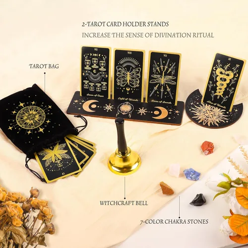 Miniatura 2 de 78 cartas de tarot con guía – Juego de regalo de baraja de tarot con tela de tarot y soporte, piedras de chakra y más, cartas de tarot negras