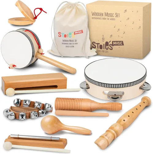 Miniatura 17 de Stoie's Instrumentos musicales de madera para niños pequeños con tambor, flauta, campanas de mano, platillos, castañuelas, triángulo, para bebés
