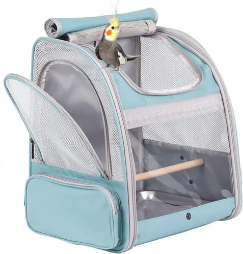 Miniatura 13 de Porta pájaros de viaje con soporte y percha, jaula transpirable para loros, portador de pájaros para senderismo, aprobado para aerolíneas Gris