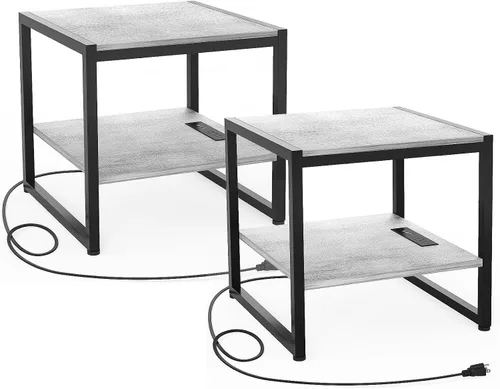 Miniatura 11 de Homieasy - Mesa auxiliar con estación de carga, soporte para mini refrigerador de 20 pulgadas con estante abierto de 2 niveles, mesita de noche