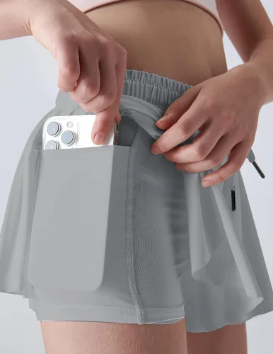 Miniatura 6 de Paquete de 3 pantalones cortos fluidos para niñas con forro de elastano, 2 en 1, faldas de mariposa para jóvenes, para fitness, correr, deportes