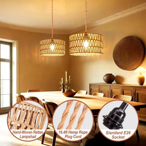 Miniatura 3 de Lámpara colgante enchufable, luces colgantes de ratán con cable de enchufe, lámpara colgante hecha a mano enchufable, accesorios de iluminación