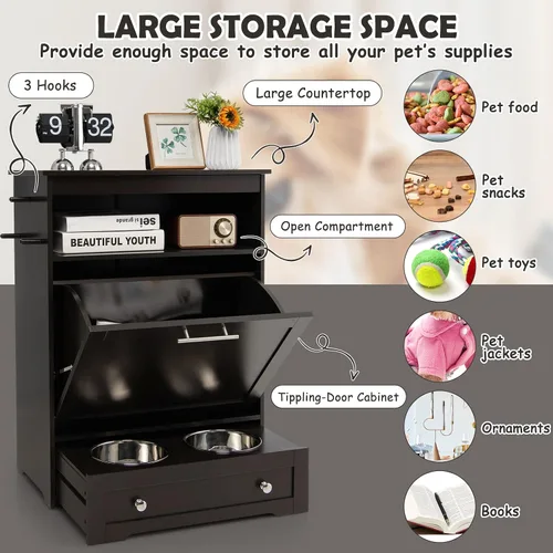 Miniatura 4 de Estación de alimentación para perros con cuencos dobles, comedero extraíble grande para perros y almacenamiento de alimentos (marrón)