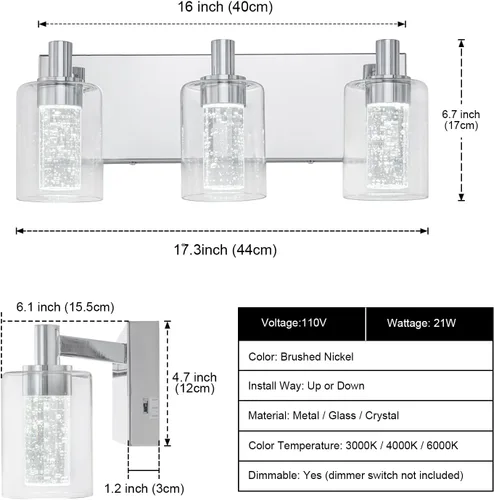 Miniatura 2 de SineRise - Luz de tocador con 3 modos de color (3000K/4000K/6000K), lámpara de baño LED con protección ocular, lámpara de pared moderna regulable