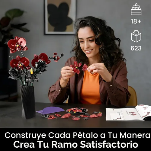 Miniatura 6 de Juego de construcción de ramo de rosas de orquídeas para adultos, regalos para mamá, esposa, mujer, pareja, novia, adolescente, colección botánica