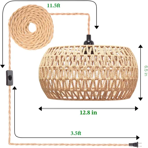 Miniatura 3 de Lámpara colgante de ratán con interruptor de encendido/apagado, pantalla tejida de ratán, lámpara colgante enchufable para sala de estar, Drum