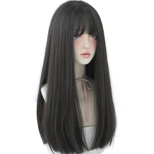 Miniatura 22 de Peluca de 22 pulgadas de largo y lacia con flequillo de cortina para mujer, cabello sintético negro, resistente al calor, para fiesta, cosplay, Té