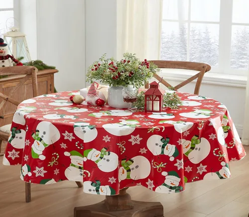 Miniatura 10 de Newbridge Mantel de vinilo navideño con diseño de muñeco de nieve rojo con reverso de franela, bastón de caramelo y copos de nieve, mantel de vinilo