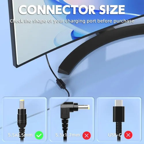 Miniatura 2 de Adaptador de corriente de CA de 60 W, 12 V y 5 A, compatible con monitor de la serie S, punta de 0.217 x 0.098 in, reemplazo de cable