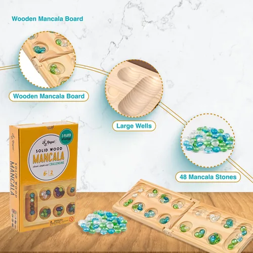 Miniatura 3 de Juego de mesa Mancala de Regal Games - Divertido juego de mesa clásico con tablero de madera para adultos y niños - 48 cuentas de Mancala de cristal
