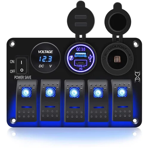 Miniatura 8 de FXC Interruptor basculante de barco marino impermeable, panel de aluminio de 5 segmentos con ranura USB dual 3.1A + medidor de voltios, luz LED azul