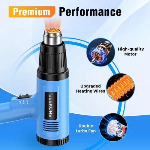 Miniatura 5 de Seekone Pistola de calor, kit de pistola de aire caliente de 1800 W de alta resistencia, configuración de temperatura dual 299℃ y 599℃, pistola