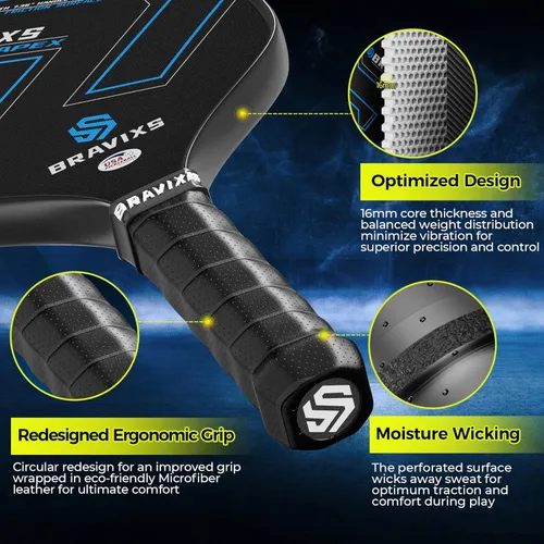 Miniatura 3 de Juego de 2 palas de pickleball Bravixs aprobadas por USAPA, fibra de carbono T700 en bruto, raquetas de pickleball con superficie de fricción, con 4