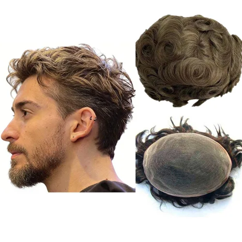 Miniatura 18 de N.L.W. Toupee de cabello humano para hombres, prótesis europea de piezas de cabello sistema de reemplazo para hombres con 10x8 HD súper fino encaje