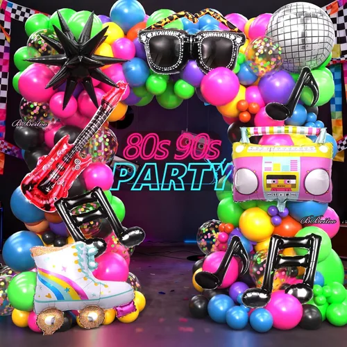 Decoraciones para fiestas de los años 80 y 90, kit de arco de globos de 178 piezas, bola de discoteca, gafas retro, notas musicales, patines,