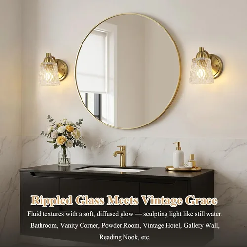 Miniatura 2 de Mecgirn Stainless Steel Bathroom Vanity Light Over Mirror, 1 Light Brushed Gold Bathroom Light Fixtures with Textured Glass Shades, Modern Vanity