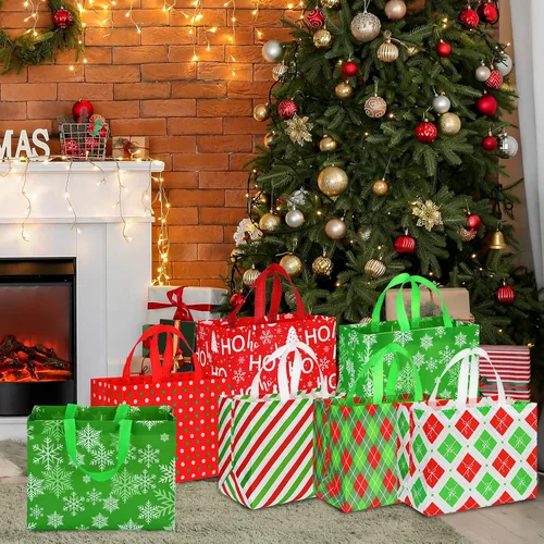 Miniatura 5 de Sanwuta 24 Bolsas de Navidad a Granel para Regalos 12.8 x 9.8 x 6.7 Pulgadas Bolsas Grandes de Transporte para Comestibles con Asas Rojas Verdes a