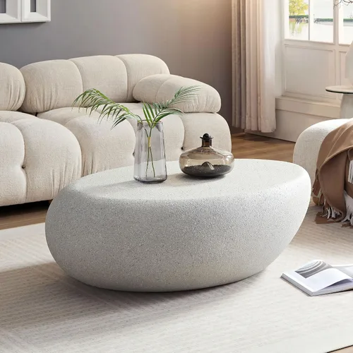 Miniatura 17 de JUSTONE Mesa de Centro Redonda para Sala de Estar, Mesa de Acento Moderna de 31.5 Pulgadas con Acabado de Piedra Artificial Beige Desgastado, Mesa
