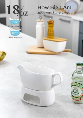 Miniatura 2 de Nucookery Salsa grande de 18 onzas con calentador, salsas de porcelana fina blanca con boquilla grande antigoteo, cuenco de salsa para Acción