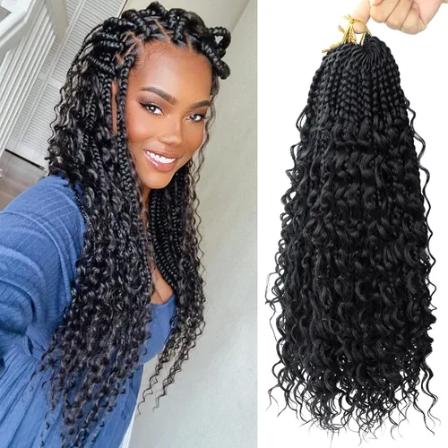 Trenzas de caja Goddess de Crochet con extremos rizados de 18 pulgadas, trenzas de ganchillo bohemias, trenzas de caja de crochet, paquete de 8, 3X
