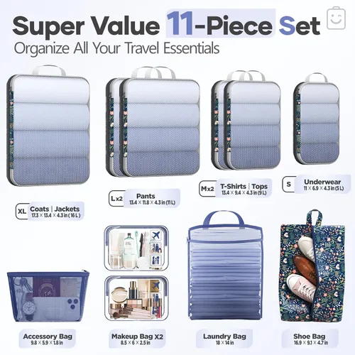 Miniatura 2 de Veken Juego de 11 cubos de compresión para artículos esenciales de viaje, bolsas organizadoras compresibles expandibles grandes para maletas