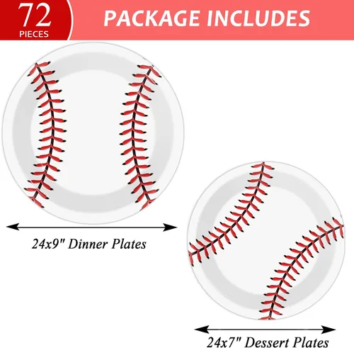 Miniatura 2 de Paquete de 72 piezas de suministros para fiesta de béisbol, juego de platos de papel desechables para fiesta de béisbol, cenas, platos de postre