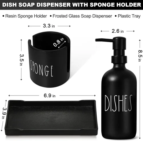 Miniatura 2 de Dispensador de jabón para platos para cocina, dispensador de jabón de platos de vidrio con soporte para esponja, juego de dispensador negro