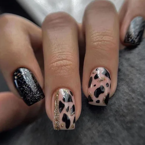 Uñas postizas negras a presión, uñas postizas cortas cuadradas de cobertura completa con gel brillante pegamento en uñas, uñas de acrílico bonitas