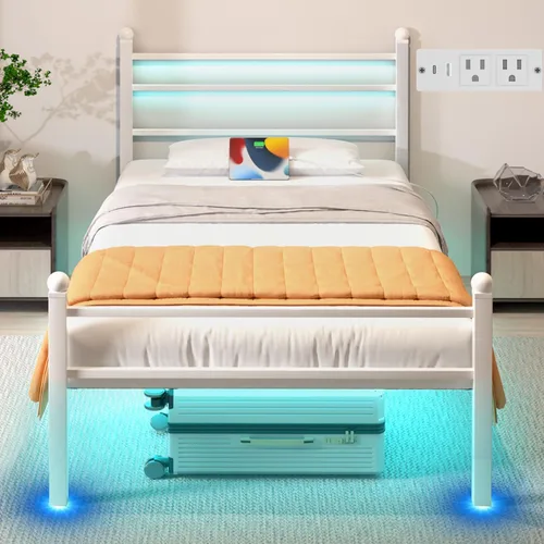 J.Fkne Base de cama individual con luces LED y estación de carga, plataforma de metal con cabecero, listones de metal resistentes, no necesita