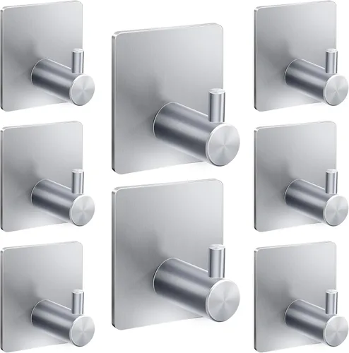 Miniatura 6 de xdgeLoad Ganchos de toalla para baño, paquete de 5 ganchos adhesivos plateados de pared, acero inoxidable mate, para pegar, toalla colgante, abrigo