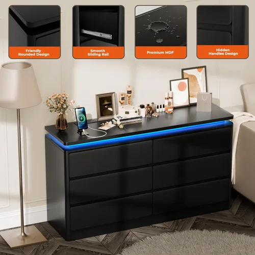 Miniatura 6 de Cómoda Negra Mejorada de 6 Cajones para Dormitorio, Cajonera de 120 cm de Largo con Estación de Carga y Luces LED, Cómoda de Almacenamiento