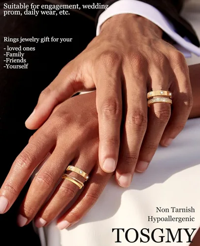 Miniatura 3 de TOSGMY Anillos de oro y plata para mujer, sin deslustre, anillos apilables modernos y delicados chapados en oro de 18 quilates, con circonita