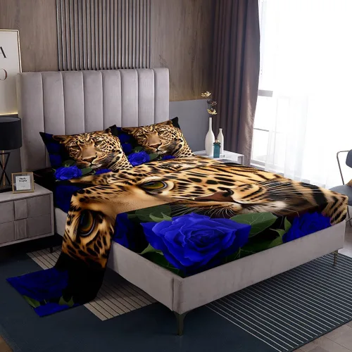 Miniatura 48 de Erosebridal Sábanas de cama de guepardo con rosa roja, juego de sábanas de bolsillo profundo con estampado de leopardo y gato, sábana bajera