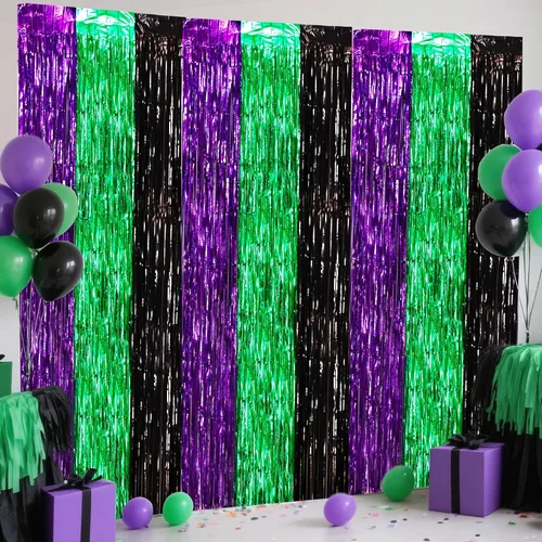 Miniatura 18 de BEISHIDA 4 Piezas de Serpentinas de Fiesta Negras y Naranjas con Flecos, Cortina de Telón de Fondo de Aluminio, Telón de Fondo de Oropel, Decoración