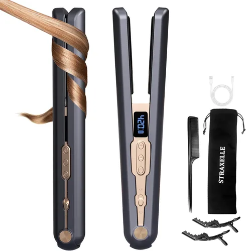 Alisador y rizador de pelo inalámbrico 2 en 1, ajustable de 350 °F a 420 °F, calentamiento de 20 segundos, pantalla LED, batería de 10000 mAh,