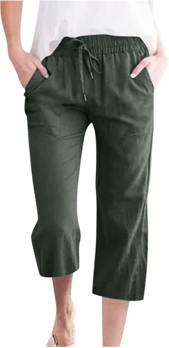 Miniatura 19 de Ceboyel Pantalones capri para mujer para verano, cintura elástica, pantalones de yoga, con cordón, pantalones de lino, pantalones de entrenamiento