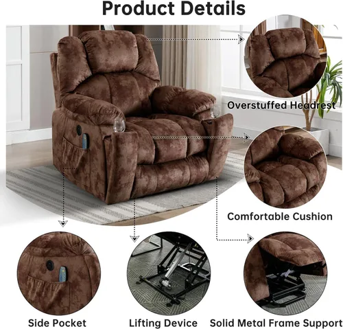 Miniatura 6 de CANMOV Sillón reclinable grande de elevación eléctrica con masaje y calor para personas mayores, con puerto USB, 2 portavasos ocultos