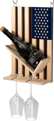 Miniatura 3 de The Wine Savant Estante para vinos montado en la pared con la bandera estadounidense, hermoso soporte para botellas y vino y 2 vasos patrióticos