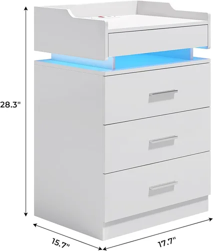 Miniatura 2 de HAUOMS Mesita de noche grande con estación de carga y luz LED, mesa auxiliar con 3 cajones y estante extraíble, mesita de noche con puertos USB