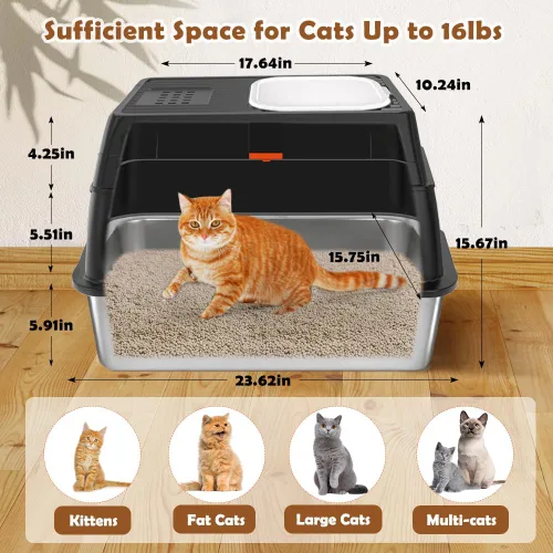 Miniatura 2 de Vivifying Caja de Arena de Acero Inoxidable con Tapa, Entrada Frontal XL Cerrada Caja de Arena Extra Grande para Gatos Grandes y Gatitos, Bandeja