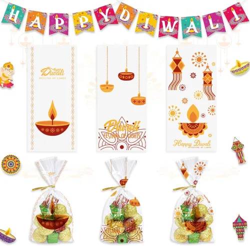 Miniatura 6 de 120 bolsas Diwali – 3 estilos de bolsas de celofán con lazos giratorios para regalos Diwali y decoración de fiestas Azul púrpura