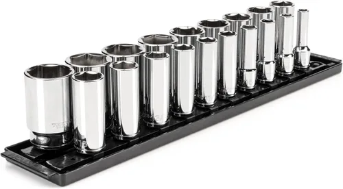 TEKTON Juego de llaves de vaso de 6 puntos profundos de 1/2 pulgada con rieles y bandeja, 19 piezas (3/8-1-1/2 pulgadas) | SHD92123