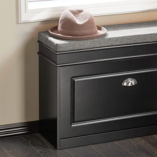 Miniatura 8 de SoBuy pequeño banco de almacenamiento de zapatos, zapatero negro estrecho para entrada, estante para zapatos con cojín y 2 niveles de cajón