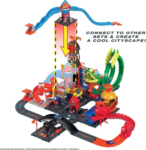 Miniatura 6 de Conjunto de pista de juguete Hot Wheels Gator Loop Attack en Pizza Place con coche a escala 1:64, se conecta a otros conjuntos