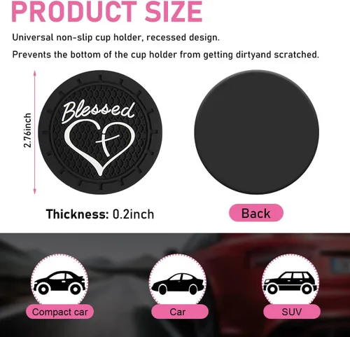 Miniatura 2 de Augeny 2PCS Posavasos para Portavasos de Coche, Posavasos de Inserción de PVC Antideslizantes, 2.76 Pulgadas Cruz Bendecida y Corazón Cristiano